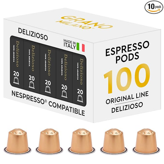 Grano Milano Delizioso Coffee Capsules - 100 Aluminum Coffee Pods Compatible with Nespresso Original line,100% Arabica Medium Roast - Intensity 6/12, Made in Italy
