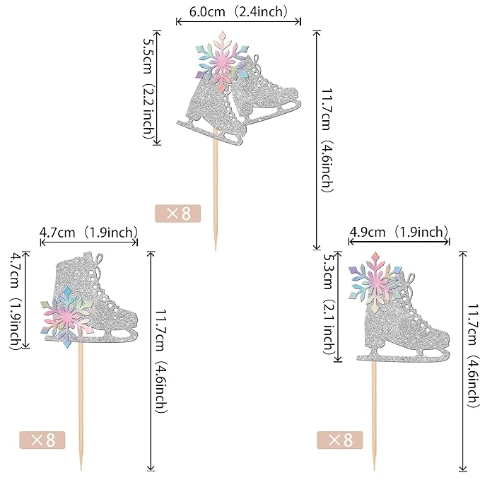 24 PCS Ice Skating Cupcake Toppers Glitter Ice Sports Snowflake Cupcake Picks for Skating Theme Baby Shower Kids Birthday Party Cake Decorations Supplies Silver