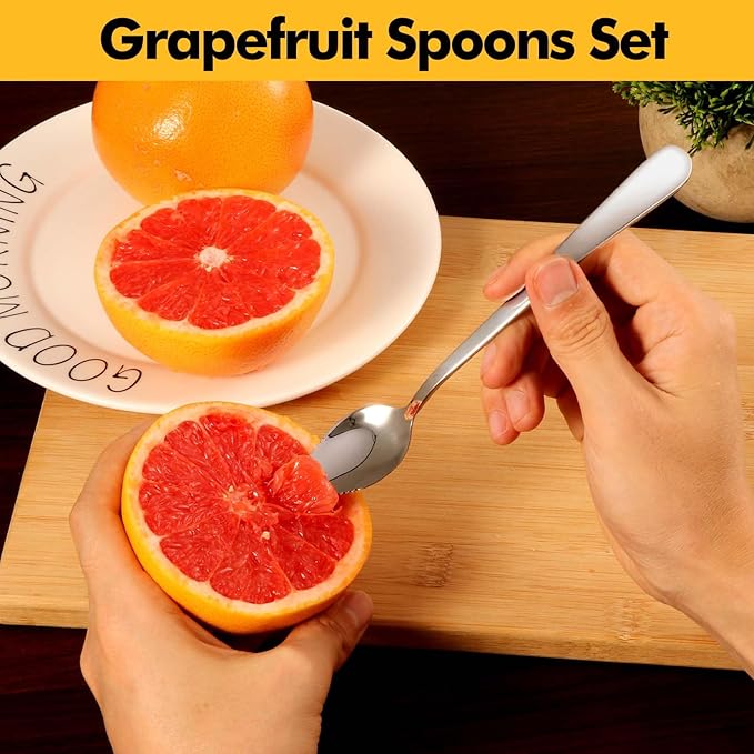 HyperSpoon 5 Pack Grapefruit Spoons & 1 Grapefruit Knife, Stainless Steel Flatware Set Serrated Edges, Cutting Utensil Kitchen with Titanium Plating for Fruit Kiwi Orange, Silver