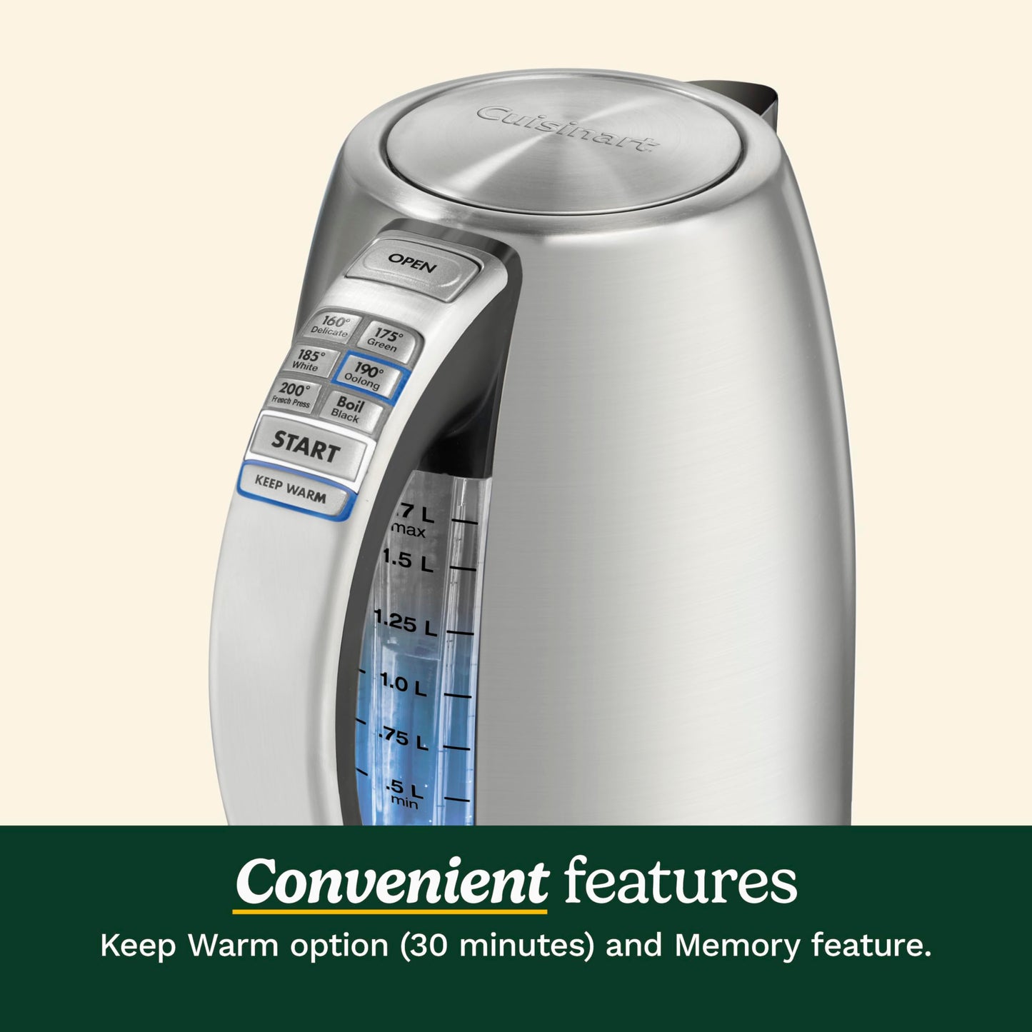 Cuisinart Electric Kettle, 1500W Fast Heating, 6 Temp Presets, 1.7L