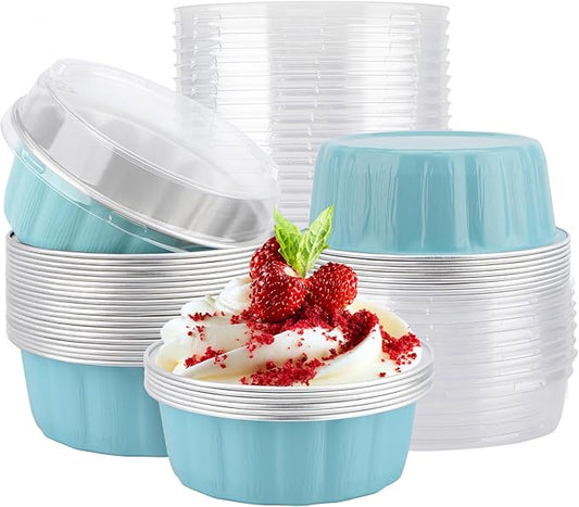 EUSOAR Foil Pans with Lids, 25pcs 9oz Blue Aluminum Cups with Lids, Disposable Ramekins Cheesecake Container Bakery Flan Pie Tart Brownie Round Holders for Wedding Birthday Theme Party