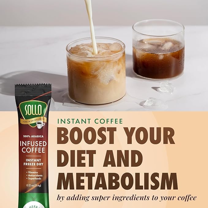 SOLLO Slim Infused Instant Coffee sticks (24 Servings) Weight Loss Healthy Body Support, Medium- Dark Roast, 100% Arabica Freeze Dried Coffee in Single Serve Sticks.