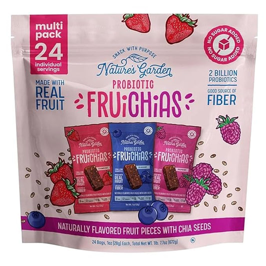Nature's Garden Probiotic Fruichias Variety Pack - 24 Pack x 1oz, Probiotic Fruit Snack with Chia Seeds, Strawberry, Blueberry, Raspberry , No Sugar Added, Made with Real Fruit, Dye-Free, Non-GMO, Gluten-Free, Healthy Snacks for Kids Snacks