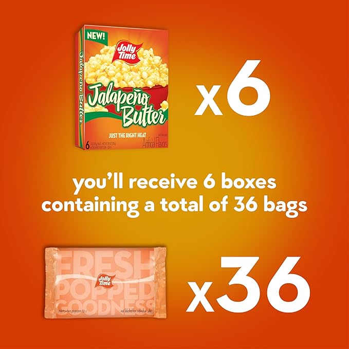 Jolly Time Jalape챰o Butter, Microwave Popcorn with Just the Right Heat, 3oz Sharing Bag, 6 Bags Per Carton (Jalape챰o Butter, 3 Ounce (Pack of 36))
