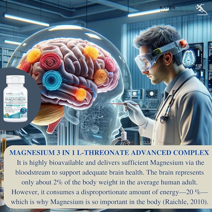 Kappa Nutrition Magbrain??Magnesium L-Threonate Plant-Based, 420mg Elemental Magnesium (3 Capsules) from 2,253mg, 60 Vegan Capsules, Brain, Sleep & Muscle Support.