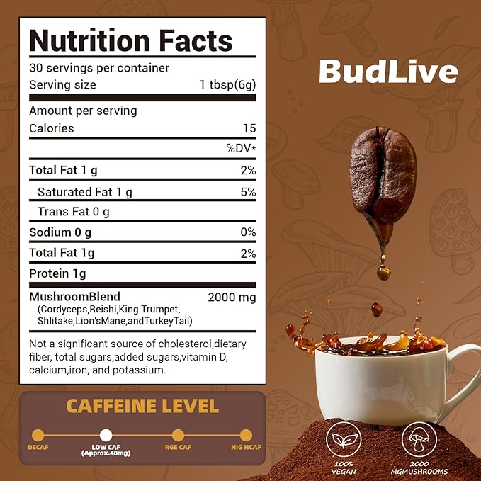 Mushroom Coffee - Instant Coffee Powder with Organic Lion?™s Mane, Reishi, Cordyceps, Turkey Tail, King Trumpet & Shiitake, Energy, Focus, Digestion & Immune Support, 30 Servings