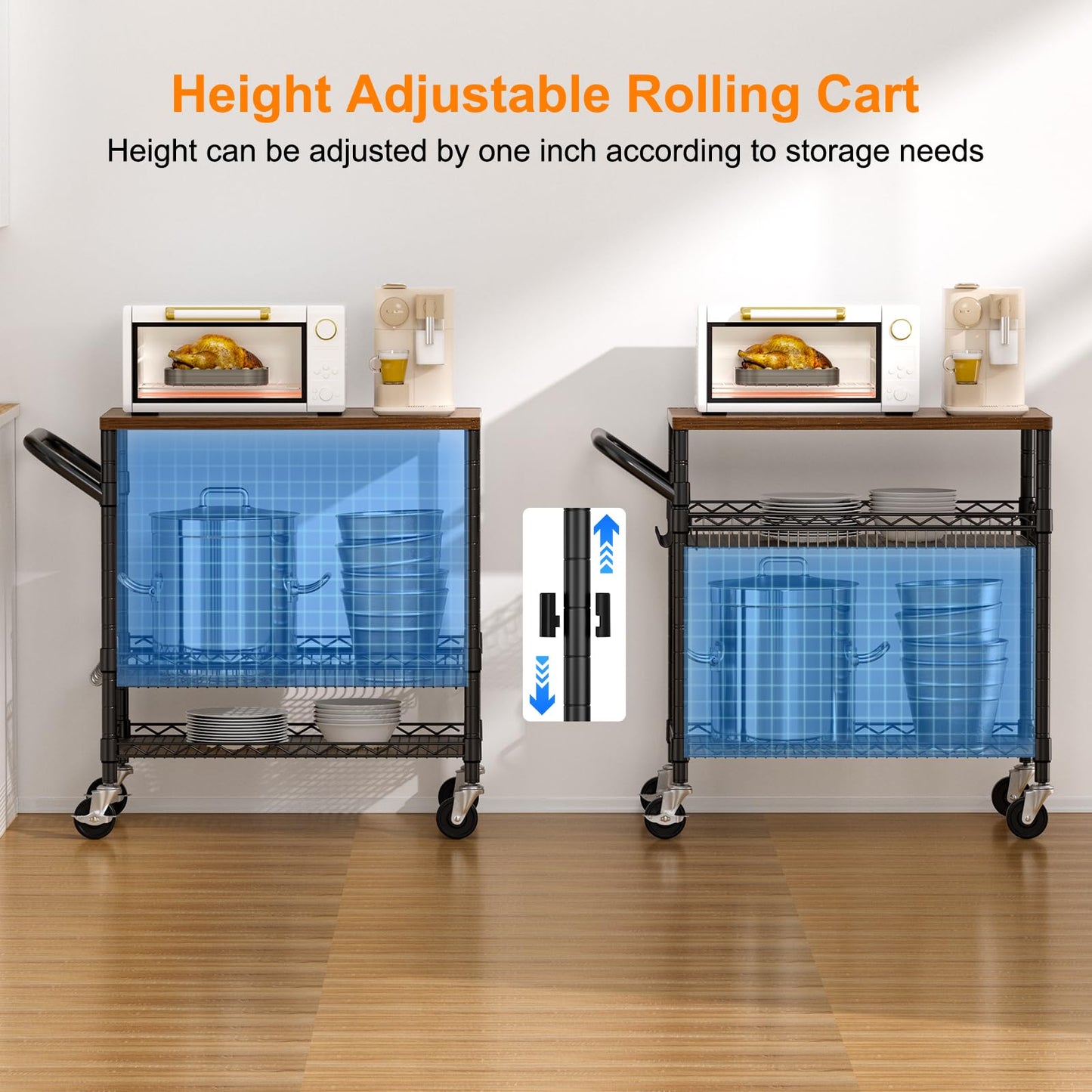 NTE Rolling Kitchen Carts on Wheels, 650Lbs Capacity 3 Tier Utility Cart with Wood Tabletop