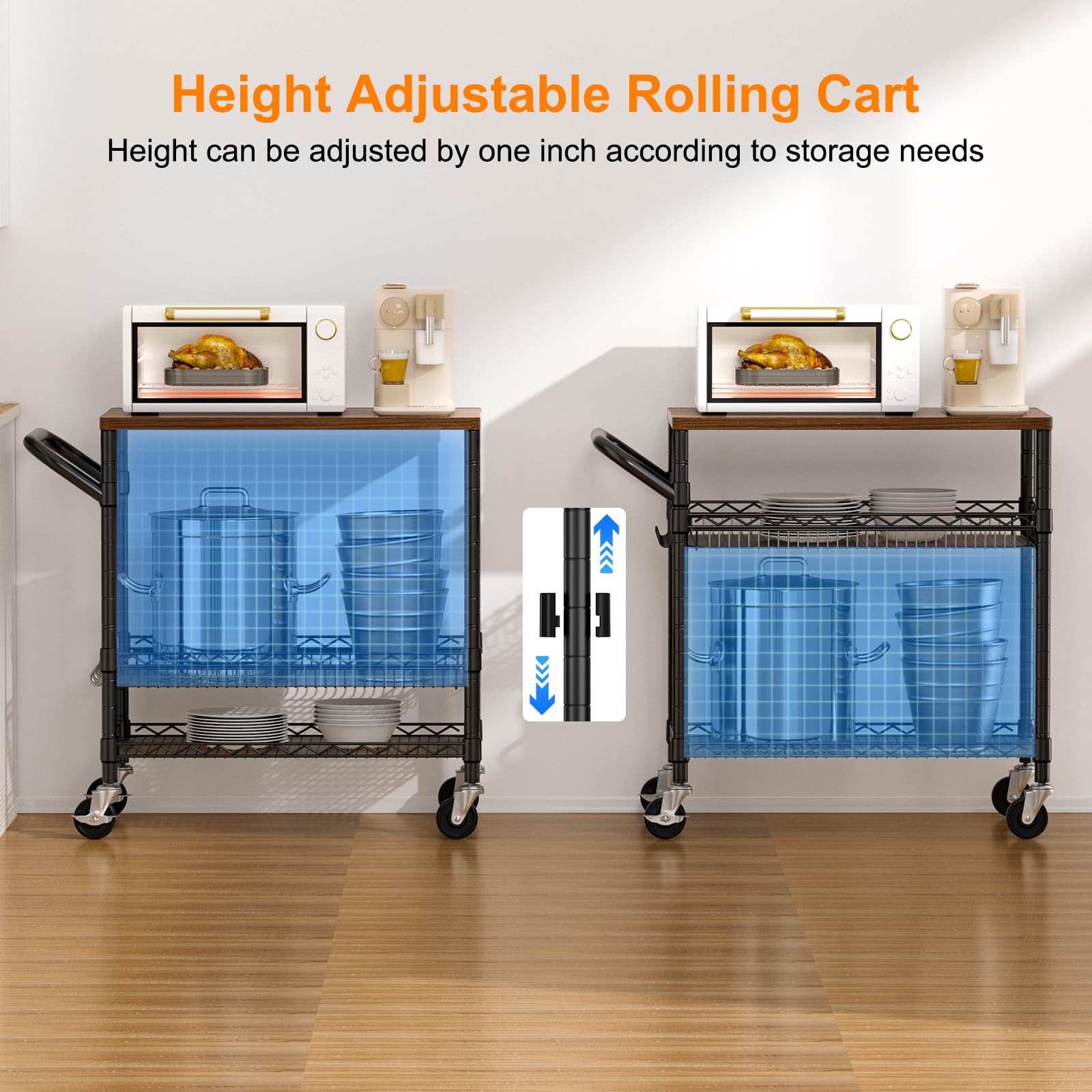 NTE Rolling Kitchen Carts on Wheels, 650Lbs Capacity 3 Tier Utility Cart with Wood Tabletop