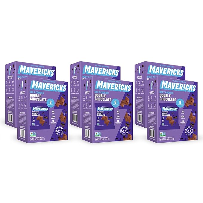 Mavericks Double Chocolate Bolt Cookies - Healthy Chocolate Chip Cookies, Plant-Based Snack for Kids, Nut Free, 40% Less Sugar - Back to School - 6 Boxes (48 Pouches)