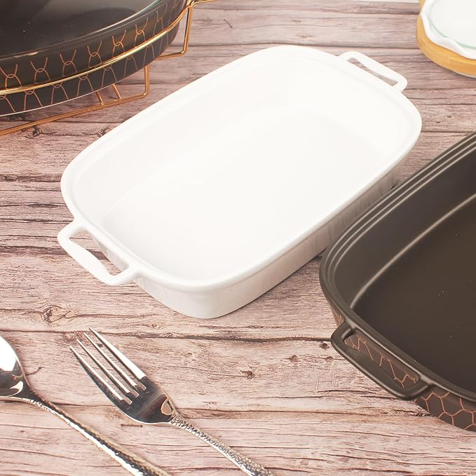 10" x 7" Ceramic Rectangular Casserole Dish with Glass Lid, 1.3 Quart White Serving Soup Tureen,Chafing Dish for Buffet, Family Food preserve Tray, Catering Casserole for Party Style