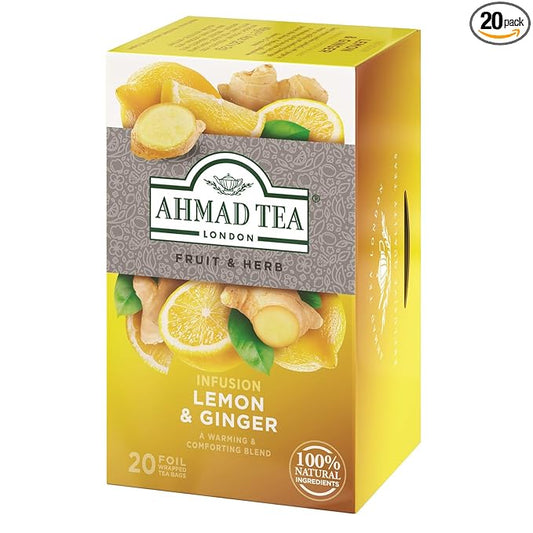 Ahmad Tea Herbal Tea, Lemon & Ginger Teabags, 20 ct (Pack of 1) - Decaffeinated & Sugar-Free