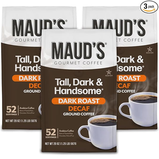 Maud's Decaf Dark Roast Ground Coffee, 3 Bags, (60oz), 100% Arabica Coffee, 156 Servings