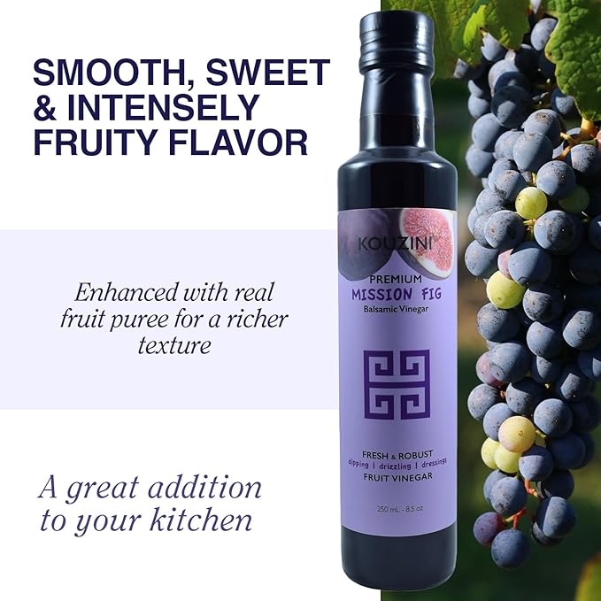 Kouzini Ultra Premium Mission Fig Fruit Balsamic Vinegar, Aged Balsamic Vinegars from Modena, Italy, Premium, Smooth & Full-Bodied Flavor, 250ml Bottle