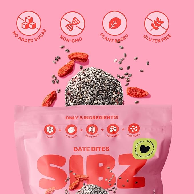 SIBZ Date Bites Goji Berry & Chia Seed - All Natural, Gluten Free, Non GMO, Plant Based, No Added Sugar (2.1oz, Pack of 8)