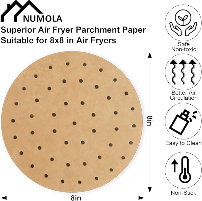 Numola Air Fryer Parchment Paper Liners, 100 Pcs Disposable Papers Liner for 3.4-7QT Baking, 8 Inch Safe Air Fryer Paper, Non-stick Unbleache Steamer Liner for Microwave, Steaming Basket