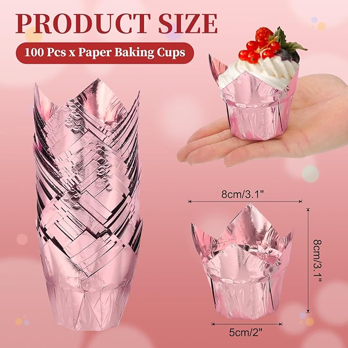 uxcell 100 Pcs Tulip Cupcake Liners, Muffins Liners Aluminum Foil Cupcake Wrappers Baking Cups Muffins Liners for Wedding Birthday Party Supplies, Rose Gold