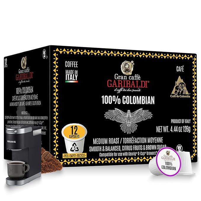 Caffè Garibaldi Colombian Coffee Pods, for Keurig K-Cup Brewers, Single Serve Cups with 100% Arabica Blend for Coffee Makers, 12 Count Recyclable Pods - Medium Roast