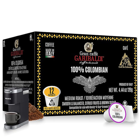 Caffè Garibaldi Colombian Coffee Pods, for Keurig K-Cup Brewers, Single Serve Cups with 100% Arabica Blend for Coffee Makers, 12 Count Recyclable Pods - Medium Roast