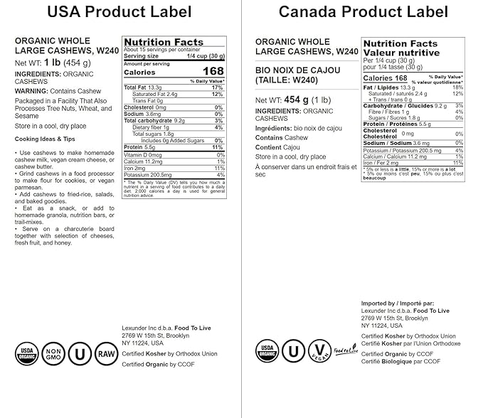 Food to Live Organic Cashews, 1 Pound ??Whole, Size W-240, Unsalted, Non-GMO, Kosher, Raw, Vegan, Bulk
