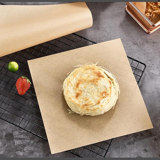 100pcs Parchment Paper Sheets Pre-Cut Baking Parchment,Non-Stick Kitchens Cookie Baking Paper,for Oven Grilling Air Fryer Steaming Bread Cake Cookie Meat Pizza (8x8 Inch, Brown)