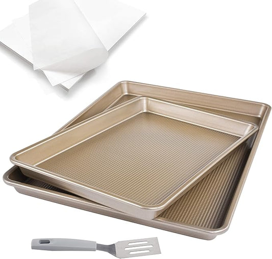 Kitcom Nonstick Cookie Sheet Baking Pan Sets 2 Piece, Heavy Duty Carbon Steel Professional Half Cookie Molds, 17.7x12.8in,14.7x10in, Champagne Gold