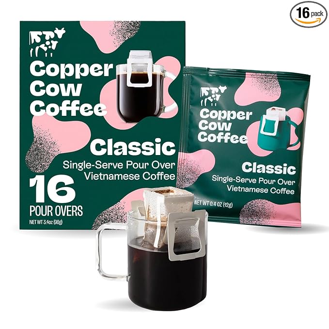 Copper Cow Premium Pour Over Single-Serve Vietnamese Coffee | Classic Black | Dark Roast | Includes 16 Coffees