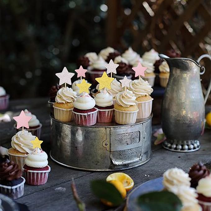 30 PCS Little Star Cupcake Toppers Silver Pink Gold Glitter Twinkle Star Cupcake Picks Bridal Shower Cake Decorations for Wedding Engagement Baby Shower Birthday Party Supplies