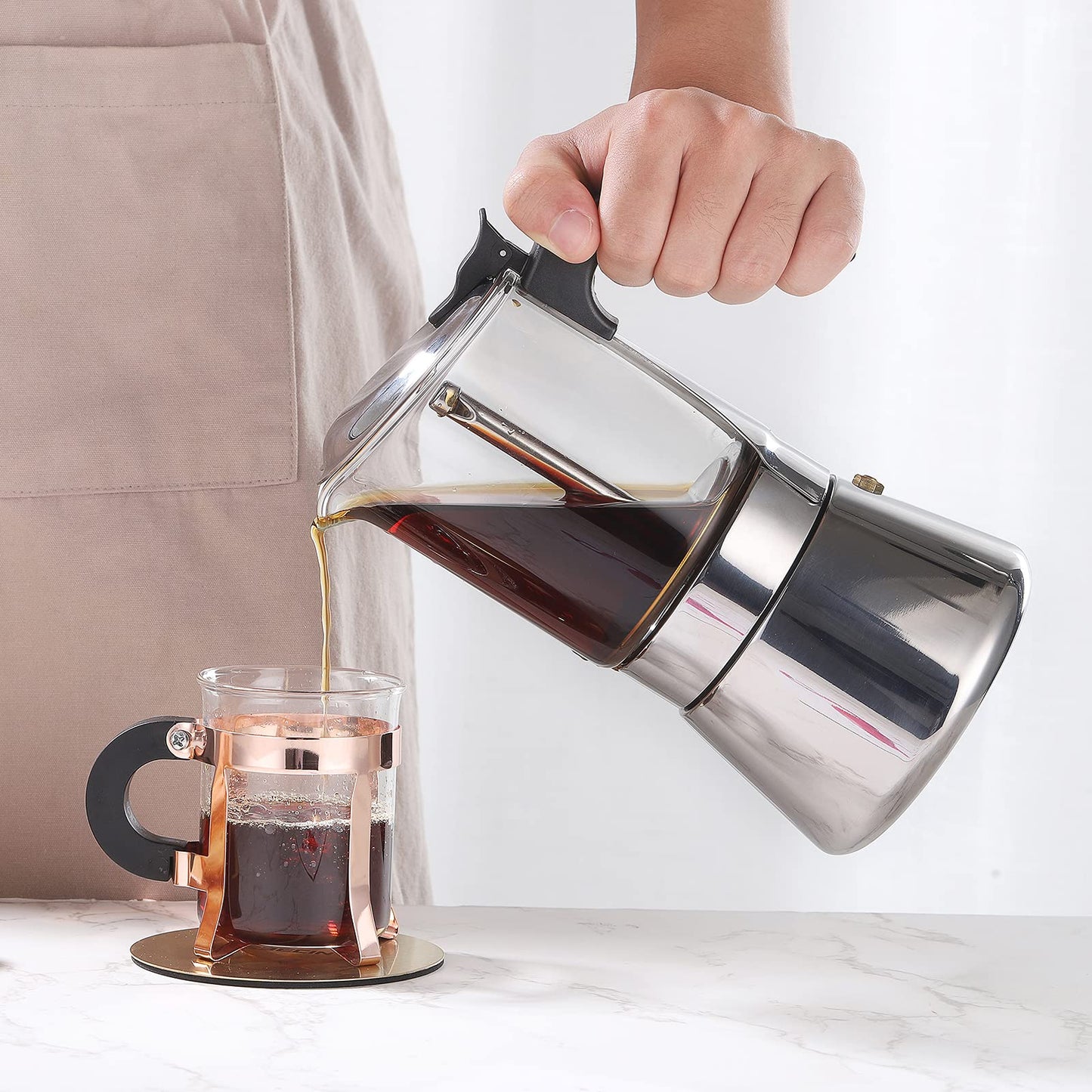SIXAQUAE Induction Moka Pot, Crystal Glass-top & Stainless Steel Stovetop Espresso Maker,Classic