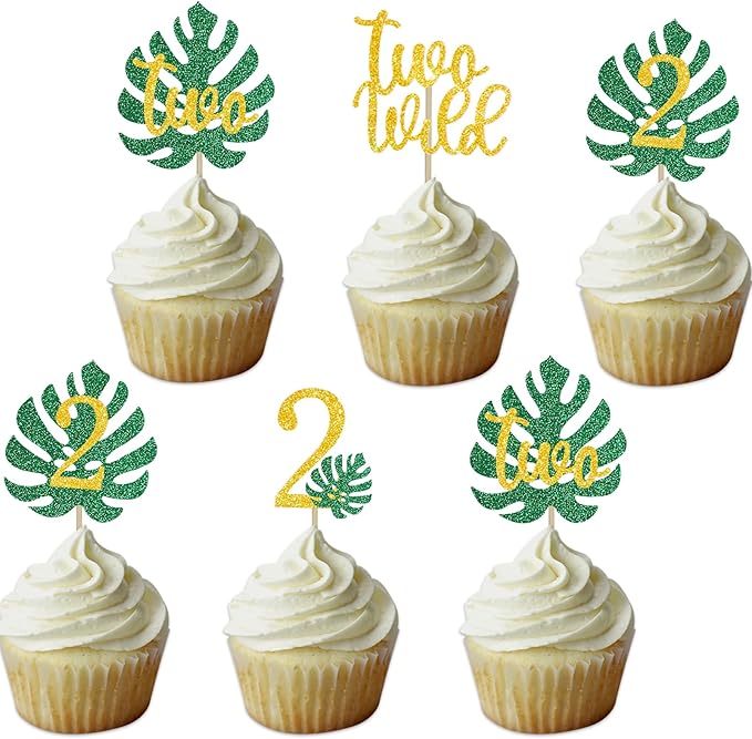 Safari Two Wild Cupcake Topper 2nd Tropical Leaf Birthday Party Jungle Animals Decorations Gold 2