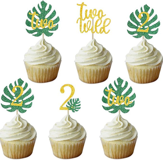 Safari Two Wild Cupcake Topper 2nd Tropical Leaf Birthday Party Jungle Animals Decorations Gold 2