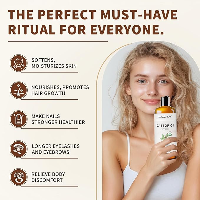 Organic Castor Oil 16 oz, 100% Pure Cold Pressed Castor Oils for Hair Growth, Eyebrows, Eyelash, USDA Certified Castor Carrier Oil for Body, Skin & Face Moisturizer, Hexane-Free