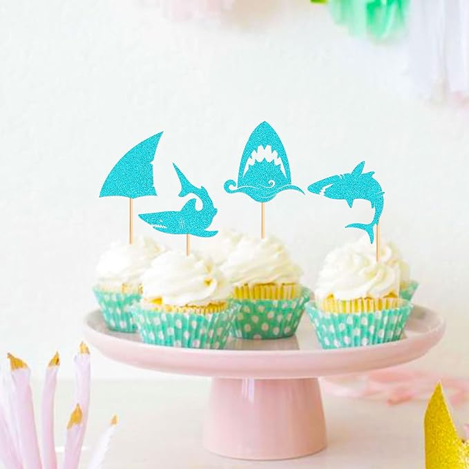 24 PCS Glitter Shark Cupcake Toppers Ocean Themed Party Shark Cake Decorations Baby Shower Birthday Party Decorations