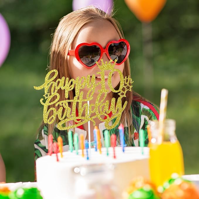 10th Happy Birthday Cake Topper, Glitter Happy 10th Birthday Cake Topper for Birthday Party Cake Decoration(Gold)