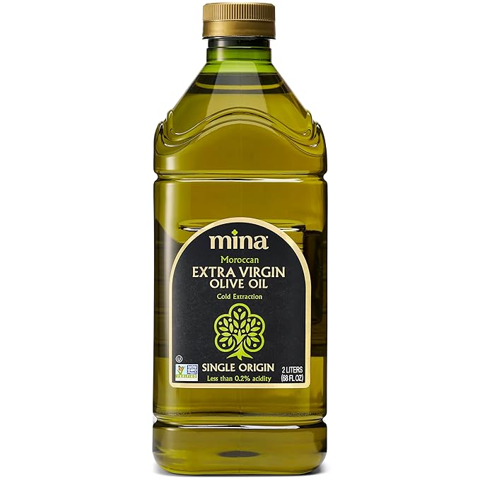 Mina Olive Oil Extra Virgin 68 Fl Oz, New Harvest, Polyphenol Rich Moroccan Extra Virgin Olive Oil, Single Origin, Early Harvest, Cold Extraction, Less than 0.2% Acidity, 2 L