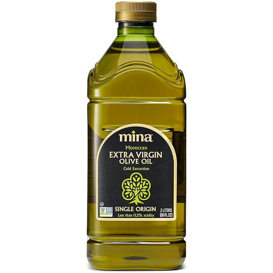 Mina Olive Oil Extra Virgin 68 Fl Oz, New Harvest, Polyphenol Rich Moroccan Extra Virgin Olive Oil, Single Origin, Early Harvest, Cold Extraction, Less than 0.2% Acidity, 2 L