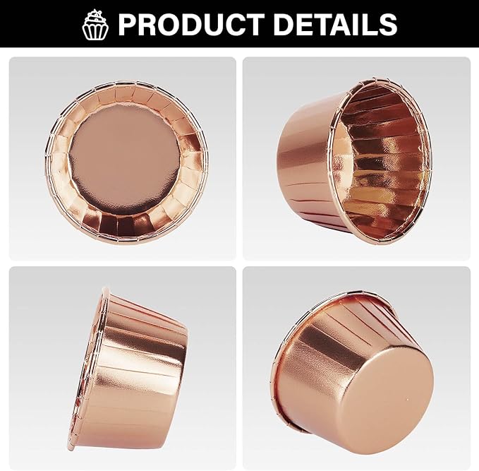 EUSOAR Cupcake Liners, 200pcs 3.5oz Disposable Ramekins Muffin Dessert Containers, Aluminum Foil Wrappers Paper Cupcake Liners Mini Cheesecakes Cups Holder for Birthday Wedding Party-Rose Gold
