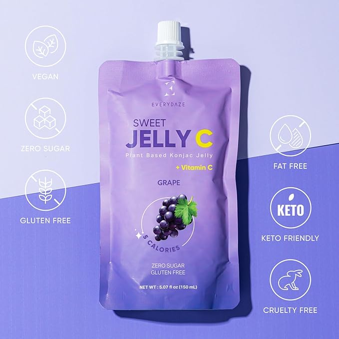 EVERYDAZE Sweet Jelly C Konjac Jelly | Vegan, Gluten Free, Sugar Free, Low Calorie | Healthy Drinkable Fruit Snack | 10 Pack Box Food Drink Pouch (Grape)