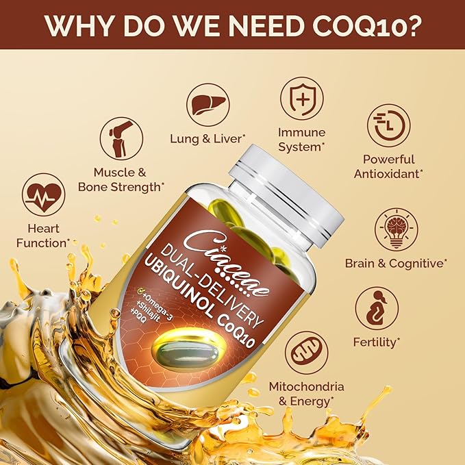 Ubiquinol CoQ10 600 MG Softgels with Omega-3 & Shilajit & PQQ, Advanced Dual-Delivery Coenzyme-Q10, Active CoQ10 Ubiquinol Supplement for Fertility, Antioxidant, Heart, Brain & Energy, 180 Servings