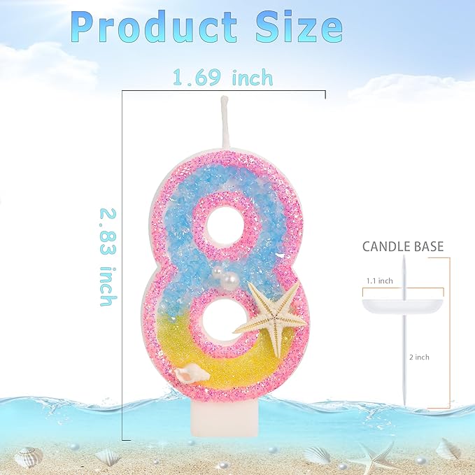 8th Birthday Candle for Cake, Pink Beach Starfish Sequins Number Candles, 2.76 inch Pink Cake Topper Decoration for Birthday Party (Number 8)