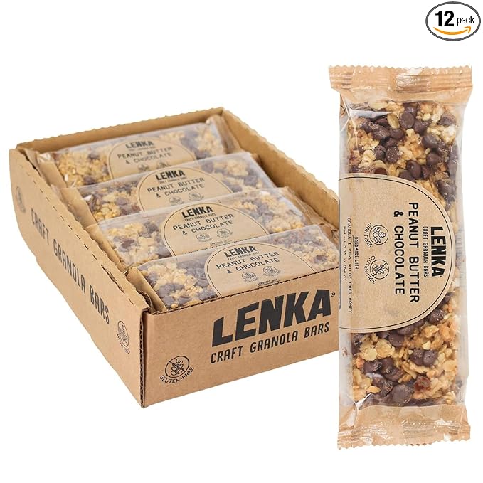 Lenka Bars - Peanut Butter & Chocolate Snack Bars, Gluten Free, High Fiber, Kosher, Wholesome, No Artificial Flavors, Individually Wrapped - 12 Pack