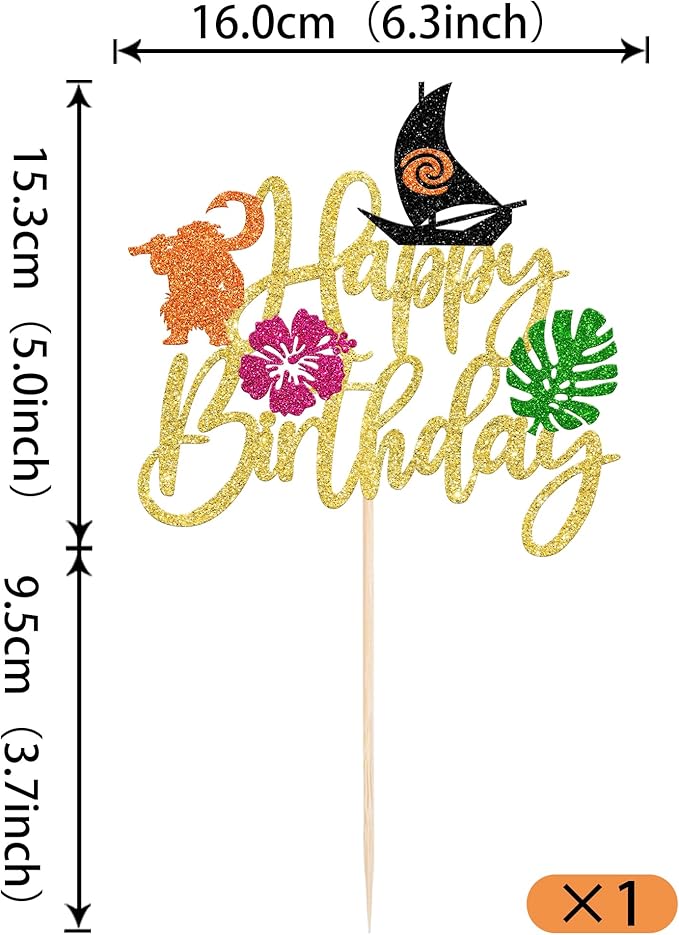1 Pack Moana Cake Toppers Glitter Palm Leaf Moana Cake Picks The Sea is Calling Hawaiian Tropical Cupcake Decorations for Luau Summer Baby Shower Birthday Party Supplies Gold