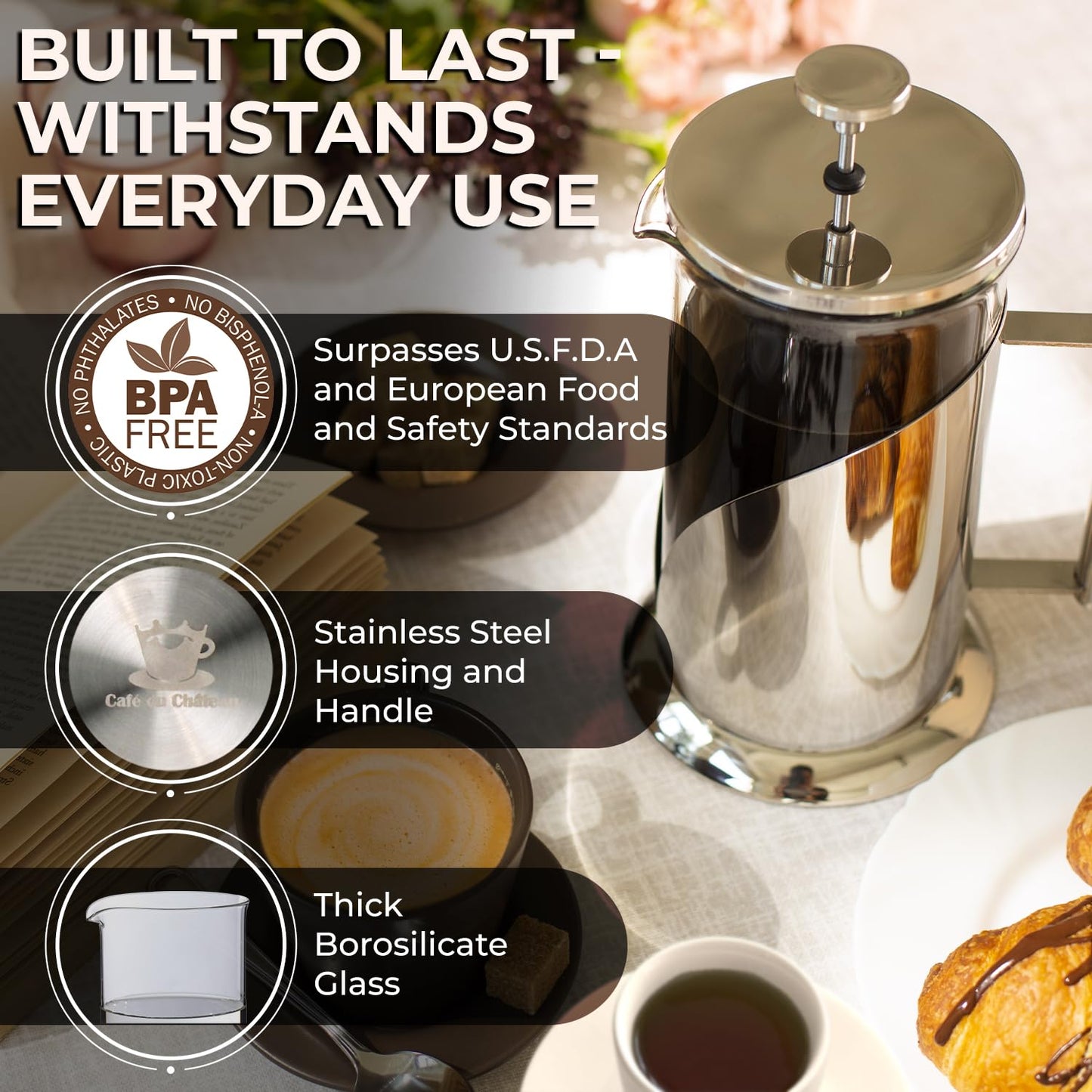 Cafe Du Chateau French Press Coffee Maker, 34 oz Glass, Stainless Steel