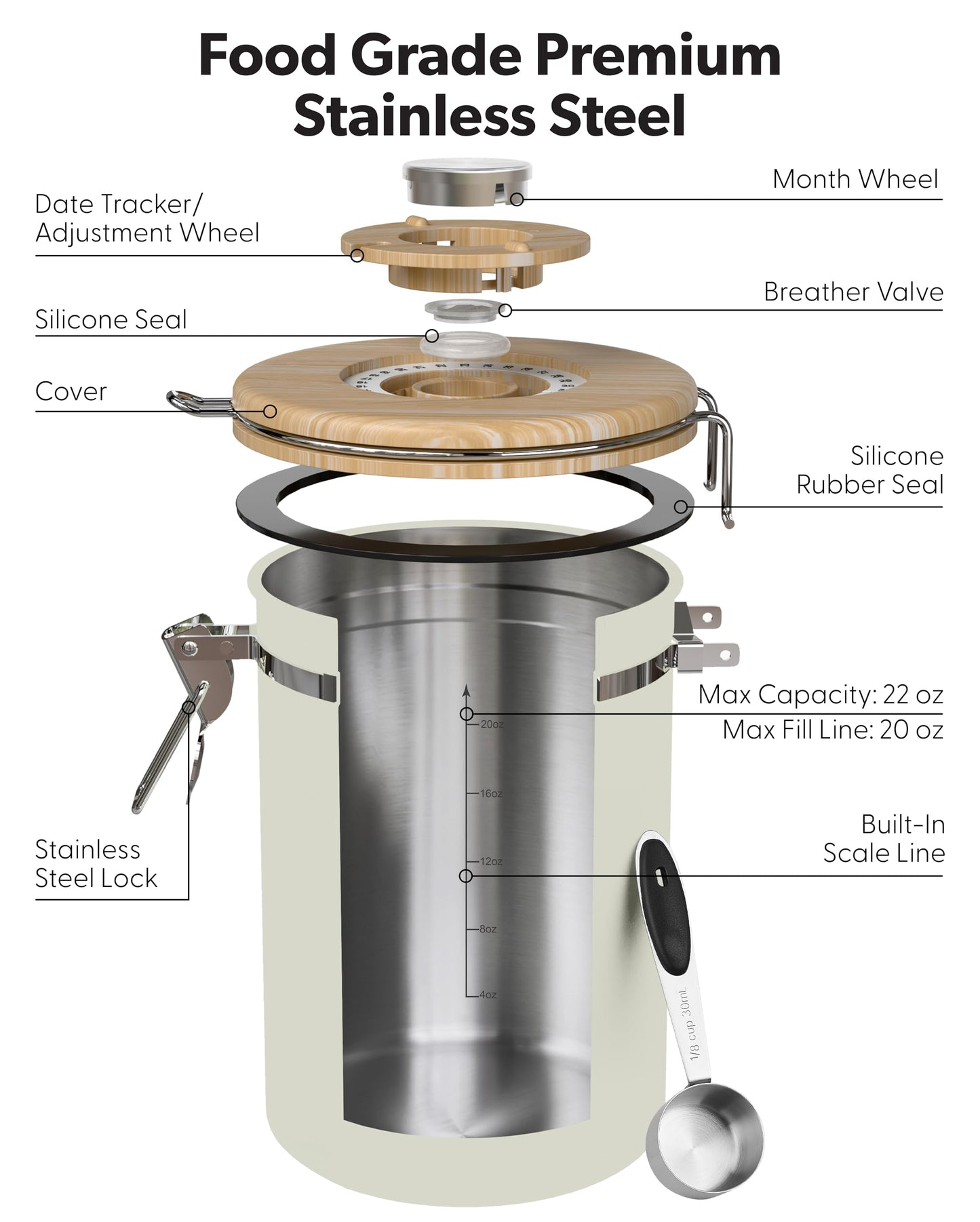 Veken Coffee Canister with Window, Airtight Stainless Steel Container, 22OZ