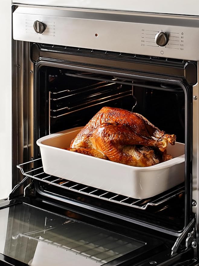 LE TAUCI Deep Casserole Dishes for Oven, 13.7???.6??Ceramic Baking Dish Set with Roasting Racks, Large Lasagna Pans with Handles, Rectangular Bakeware as Gift for Mom, White (4.6QT/3.0QT/1.6QT), Set of 3