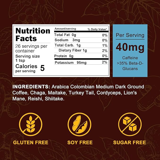 Orgnisulmte Premium Mushroom Coffee 4.58 Oz, Fresh Ground Colombian Instant Coffee with 7 Superfood Mushrooms Better Taste, Natural Ingredients Gluten Free, Vegan, Keto, Non-Gmo 130g