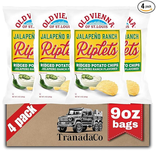 Old Vienna of St. Louis Jalepeno Ranch Flavored Riplets Ridged Potato Chips 9oz Bags (4 Pack) by TranadaCo