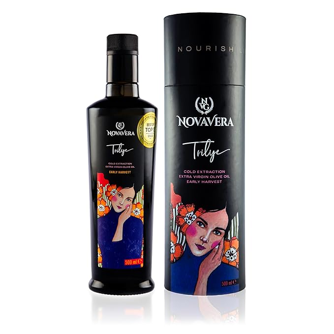 NVG NOVAVERA Trilye Polyphenol Rich Olive Oil, Medium, Pungency and Fruitiness With a Peppery Finish Extra Virgin Olive Oil, Evoo World Ranking Top 5, Low Acidity, Organic Agriculture , Early Harvest, Cold Pressed, 16.9 oz