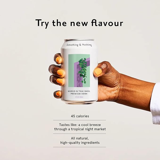 Something & Nothing Mango & Thai Basil Flavored Sparkling Water | Lightly Carbonated & Full of Flavor with Added Grape & Lemon Juice | Vegan & Low Calorie Premium Soda | 12 Fl Oz Cans (Pack of 12)