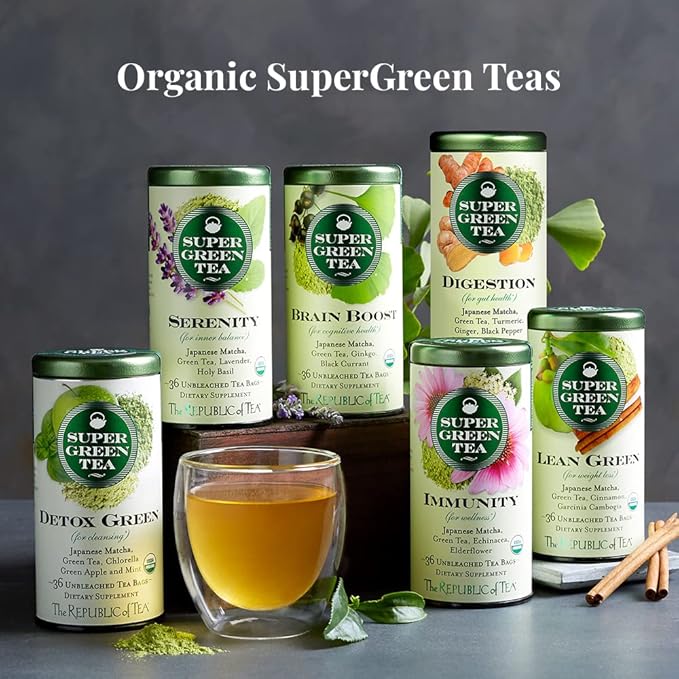 The Republic of Tea - Organic Digestion SuperGreen Tea Refill Bag, 36 Tea Bags, Naturally Caffeinated Japanese Matcha and Green Tea