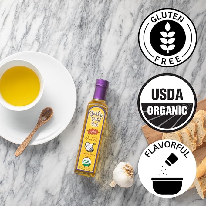 Garlic Gold Extra Virgin Olive Oil Infused with Garlic, Premium Certified USDA Organic, Low FODMAP, Cold Pressed (250 mL, 2 Pack)
